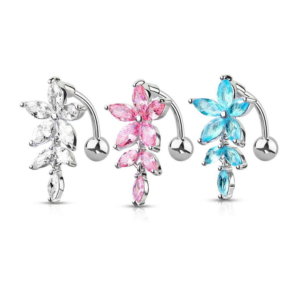 Marquise CZ Flower with Marquise CZ Vines 316L Surgical Steel Top Drop Belly But